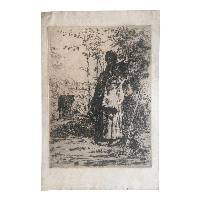 Jean Francois Millet La Grande Bergere Antique Etching Barbizon French Art For Sale