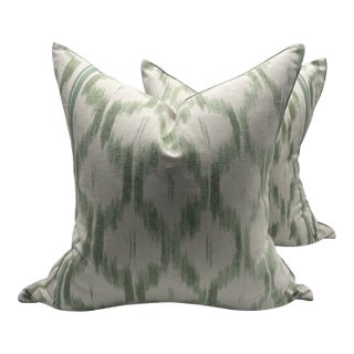 Schumacher Santa Monica Ikat Green Pillows- A Pair For Sale
