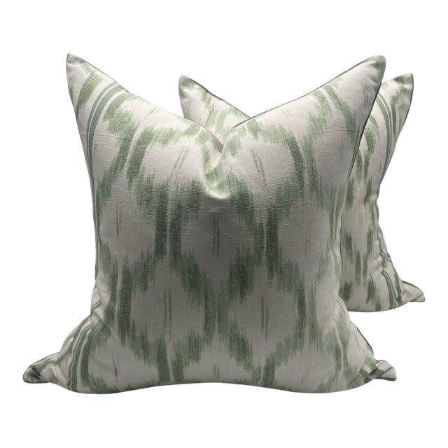 Schumacher Santa Monica Ikat Green Pillows- A Pair For Sale