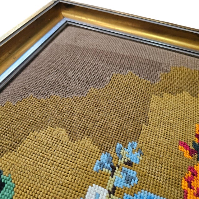 Vintage Needlepoint Floral Still Life Wall Art Gold Frame Large 29x22" Yellow For Sale - Image 10 of 11