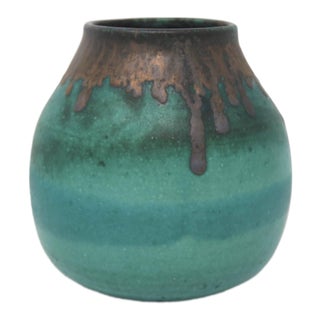 Teal Vase With Brown Rim, Signed For Sale