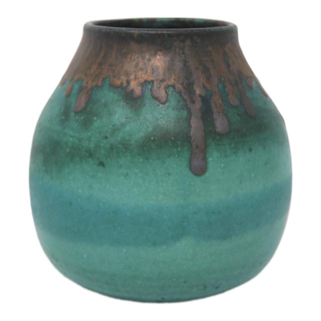 Teal Vase With Brown Rim, Signed For Sale