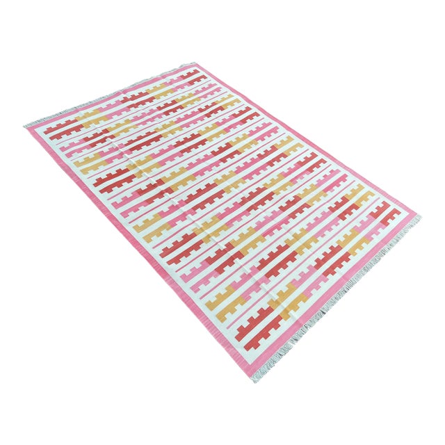 Handmade Cotton Natural Vegetable Dyed Reversible Pink Yellow Red Marianne Rug - 12'x15' For Sale