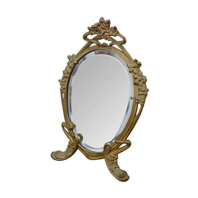Antique Victorian Art Nouveau reticulated floral gilt brass beveled vanity mirror, Dimensions: 9.25" x 5" x 13.5" (Width x...