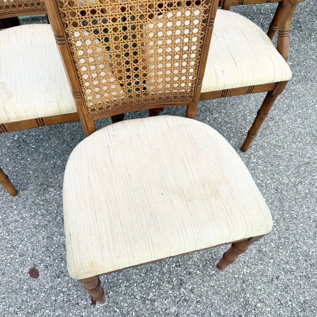 Wood Vintage Boho Chic Faux Bamboo Cane Back Dining Chairs by Chaircraft - Set of 6 For Sale - Image 7 of 12