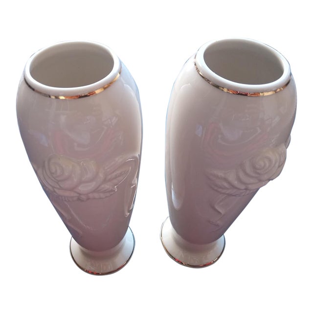 Gorgeous Pair of Lenox Usa Embossed Floral Decorative Vases For Sale