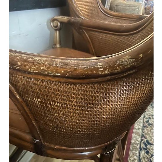 Ethan Allen Leather-Cushioned Woven Rattan Bar Stools For Sale - Image 12 of 14