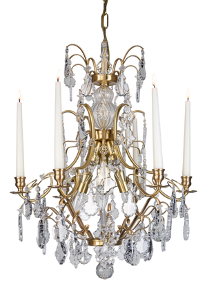 Baroque Style Chandelier with Candleholders in Brass and Crystals by Krebs Stockholm, 2020
