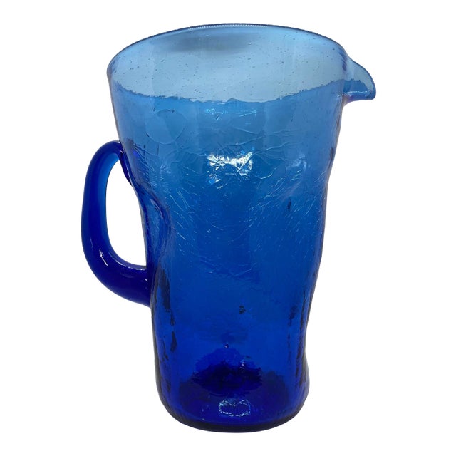 Mid-Century West Virginia Bischoff Glass Company Cobalt Blue Crackle Glass Pitcher For Sale