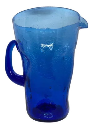 Mid-Century West Virginia Bischoff Glass Company Cobalt Blue Crackle Glass Pitcher