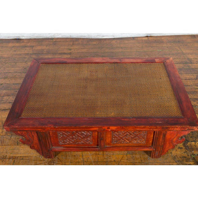 19th Century Qing Dynasty Chinese Dark Red Lacquer & Rattan Top Coffee Table For Sale - Image 10 of 13