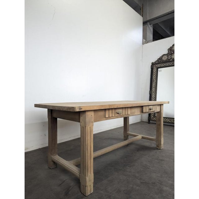Art Deco Farmhouse Table in Stripped Oak with Two Drawers and Fluted Legs, 1920s For Sale - Image 3 of 8