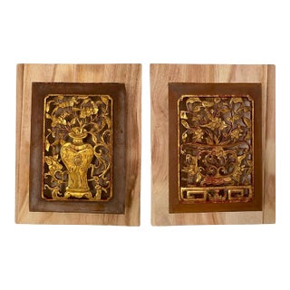 A Pair of Sculptural Wall Art – Antique Chinese Giltwood Openwork Panels For Sale