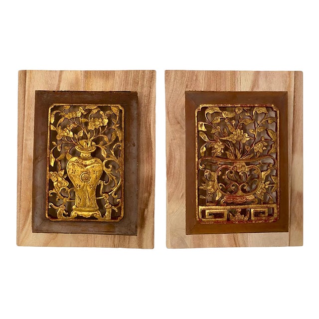 Pair of c.1920 Antique Chinese Giltwood Openwork “Peace & Prosperity” Panels For Sale