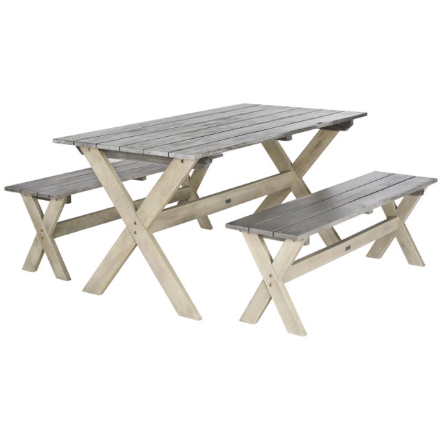 Modern Contemporary Outdoor Dining Set With 63-Inch L Table And 2 Backless Benches in Grey & White - 3 Pieces For Sale - Image 3 of 11