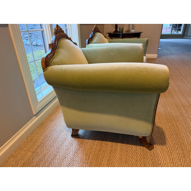 Early 20th Century Austrian Vienna Biedermeier Revival Armchairs in Carved Walnut with Green Velvet – Pair For Sale - Image 9 of 9