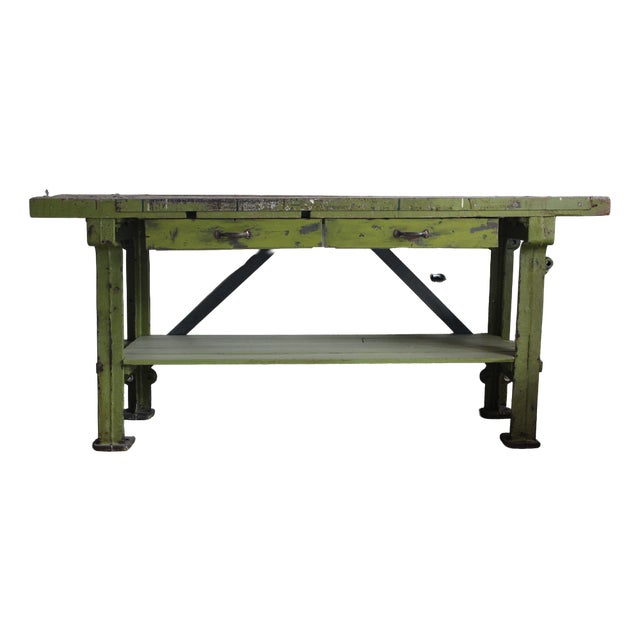 Antique Industrial Oak and Cast Iron Workbench with Drawers, France, 1900s For Sale