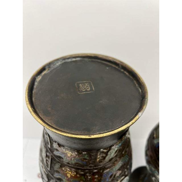 Pr. 19th C. Meiji Japanese Champleve Inset Bronze Vases Signed 21.25" For Sale - Image 10 of 11
