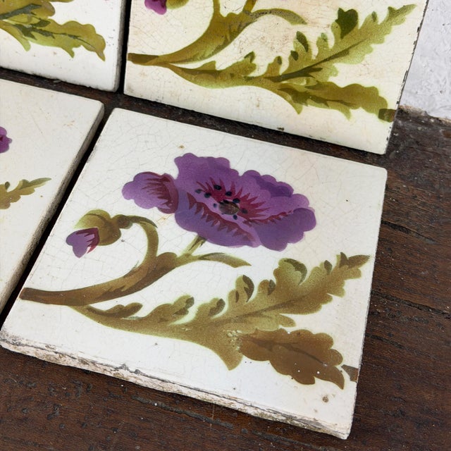 Antique Art Nouveau Floral Ceramic Tiles, 1890s, Set of 6 For Sale - Image 10 of 13