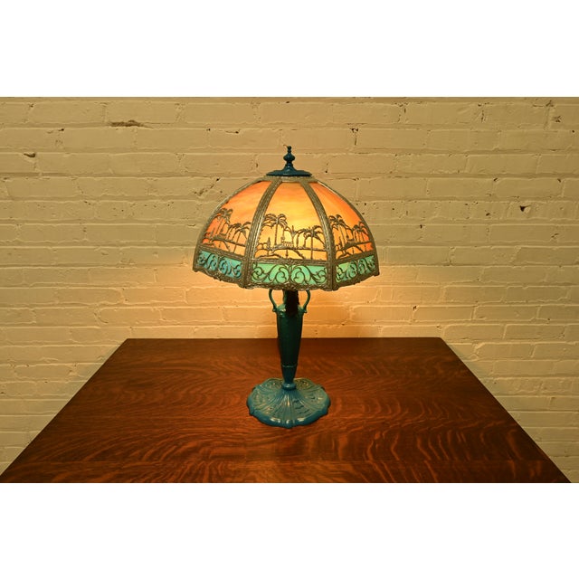 1920s Handel Style Antique Art Nouveau Slag Glass Turquoise Table Lamp With Palm Tree Motif, Circa 1920s For Sale - Image 5 of 12