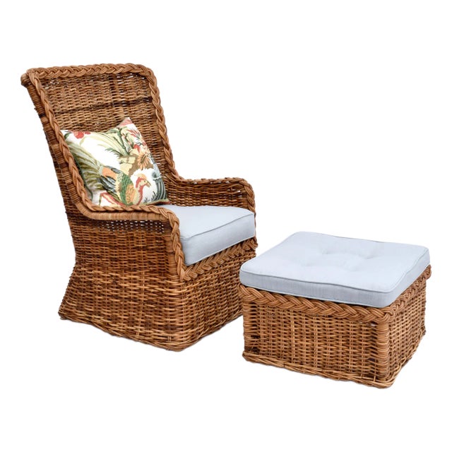 1960s Sculptural Braided Wicker Wingback Rattan Chair & Ottoman Set For Sale