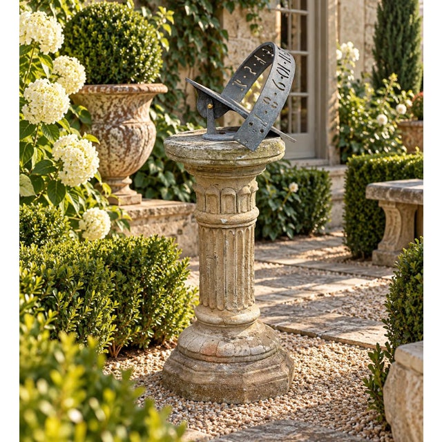 A handsome vintage garden sundial combining a sculptural iron dial with a beautifully weathered cast concrete pedestal....