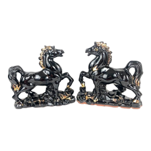 60's Mid Century MCM Black Gold Glazed Ceramic Redware 7.75" Horse Pair