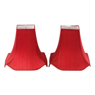 Pair of Vintage Red Textured Raw Silk Bell Lamp Shades With Brass-Toned Lining For Sale