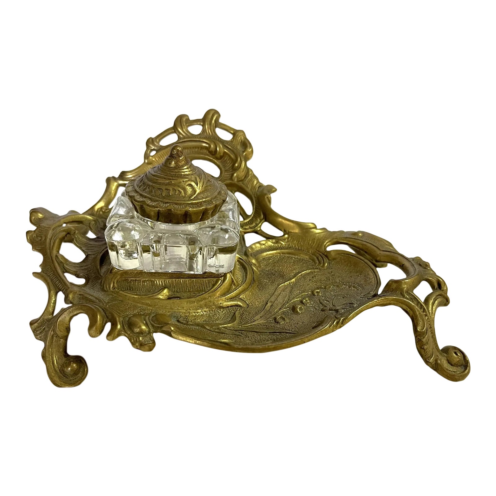 Vintage Art Deco Cast Brass and Glass Inkwell Set | Chairish