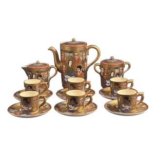 Japanese Meiji Hand-Painted Shimazu Satsuma Coffee Service with Moriage Kannon Immortals and Dragons, 19th Century, Set of 15 For Sale