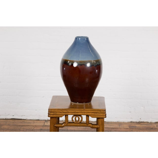 Contemporary Blue & Brown Glaze Ceramic Vase For Sale - Image 10 of 12