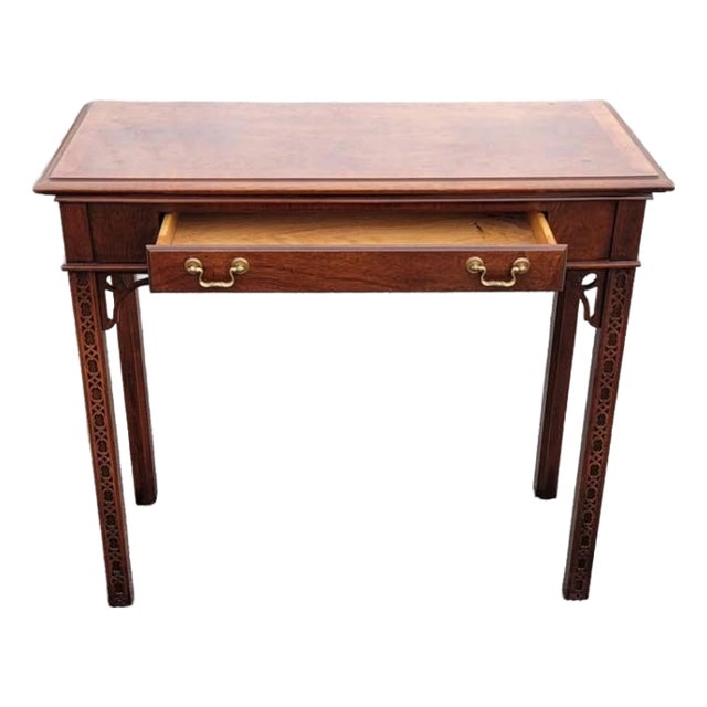 1960s Chippendale Walnut Burl Console Table With Banded Top For Sale