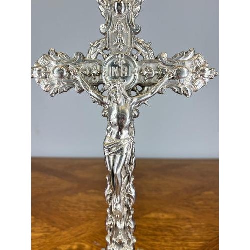 Vintage French Style Metal Ornate Religious Altar Cross For Sale - Image 6 of 12