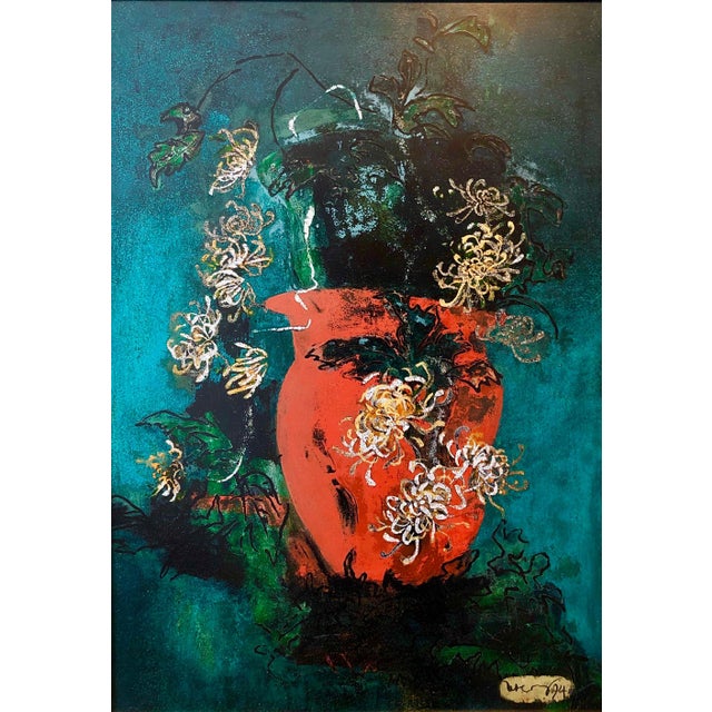 Late 20th Century Unknown, Bright Vibrant Pop Art Enamel Oil Painting Flowers NYC Abstract Expressionist, 1994 For Sale - Image 5 of 12