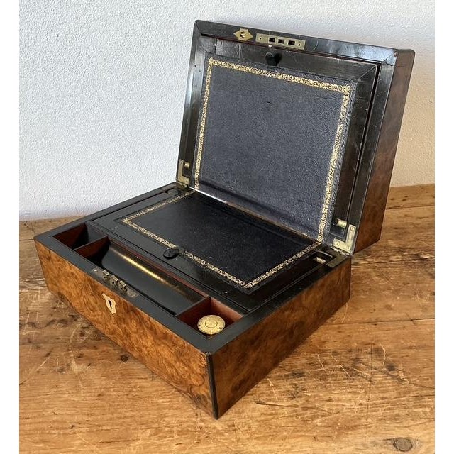 Vintage Brass Inlay Burl Wood Traveling Writing Desk Box For Sale In West Palm - Image 6 of 11
