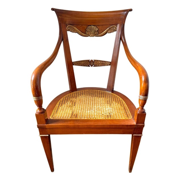 Vintage, Late 20th Century, Attributed to KPS Group Italy, Directoire Wood Arm Chair with Hand Carved Wood Accents, Cane...