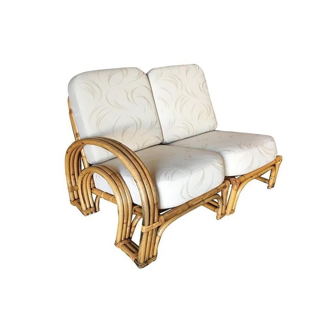 Restored Double Horseshoe Rattan Sofa, Lounge Chair, Side Table Living Room Set For Sale - Image 4 of 10