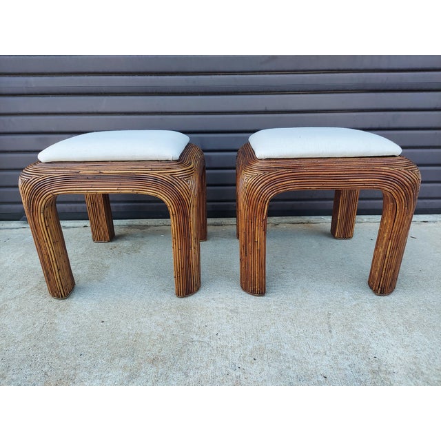1970s Pair of Mid Century Modern Pencil Reed Rattan Stools For Sale In Orlando - Image 6 of 12