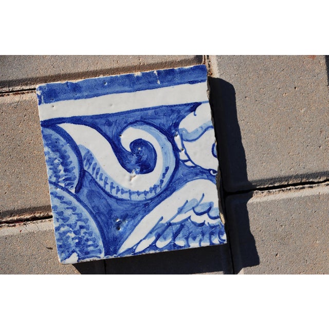 Ceramic 18th Century Portuguese Tile Angel Wing Fragment Blue & White Antique Hand Painted For Sale - Image 7 of 8