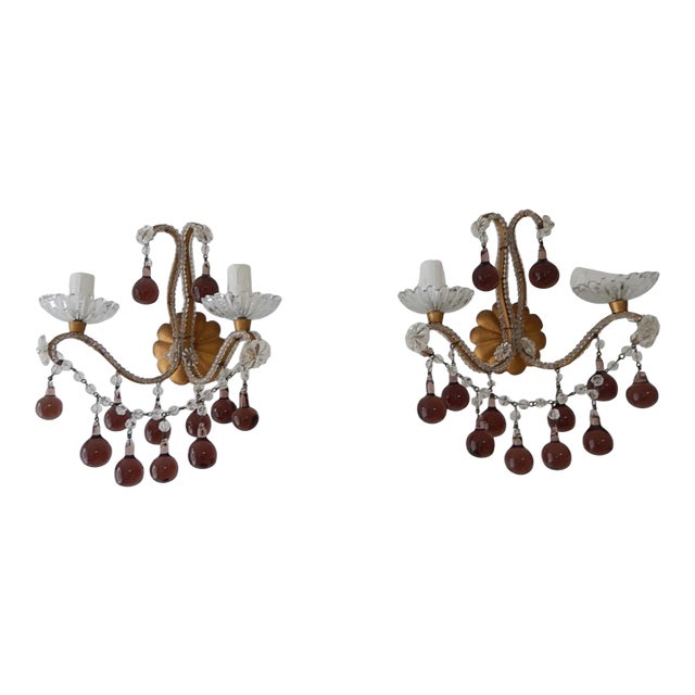 French Beaded Amethyst Murano Drops Sconces, Circa 1920 For Sale