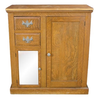 Antique American Victorian Quartersawn Oak 2 Drawer Console Cabinet Cupboard 31" For Sale