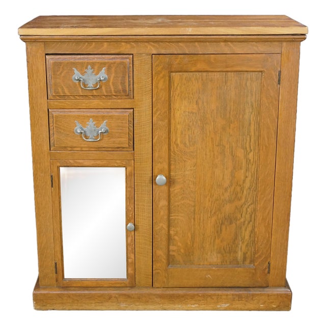 Antique American Victorian Quartersawn Oak 2 Drawer Console Cabinet Cupboard 31" For Sale