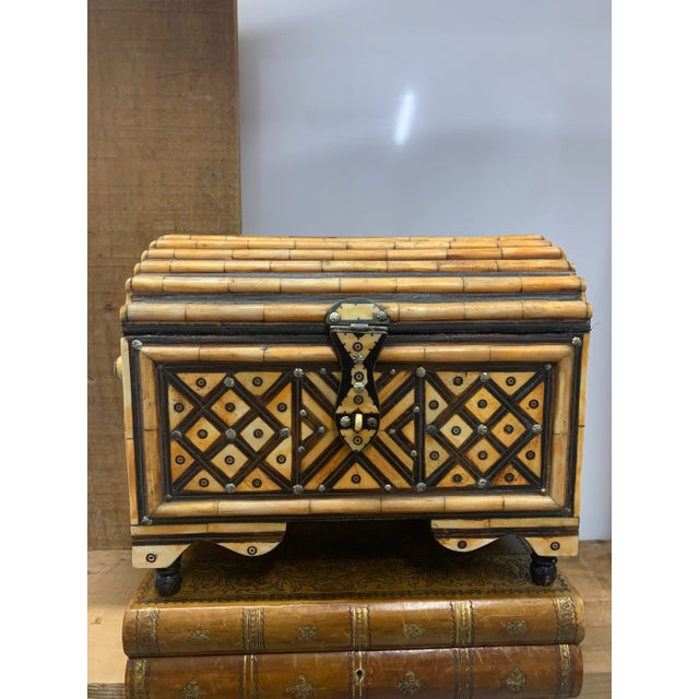 Vintage Handmade Moroccan Dome-Top Keepsake Chest Clad in Bone. Geometric Designs & Metal Fittings add Visual Interest to...