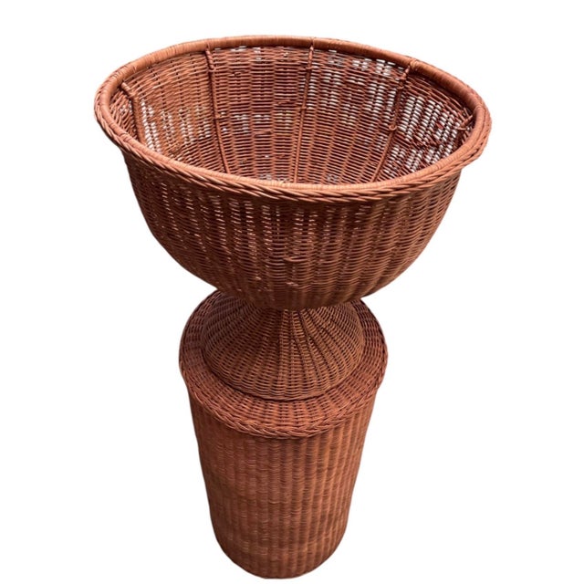 Pair of Vintage Woven Wicker Urn Planters on Cylindrical Pedestals For Sale - Image 4 of 12