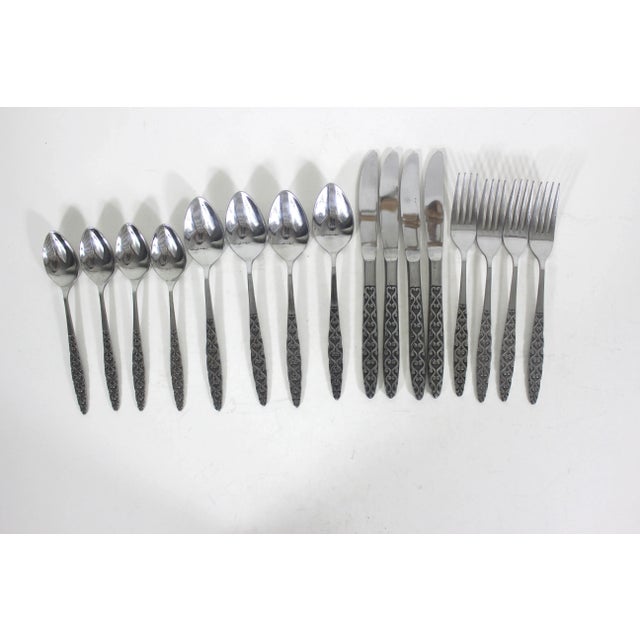 Metal 1960s Malta Japanese Mid Century Modern 4 Piece Setting for 4 Stainless Steel Black Detail Matching MCM Spoons Forks Knives 16 Pieces For Sale - Image 7 of 10