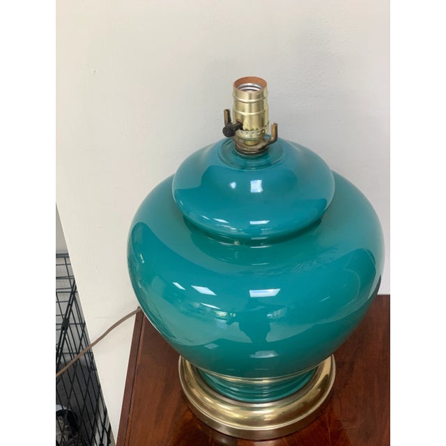 Asian Vintage Teal & Brass Glass Lamp For Sale - Image 3 of 6