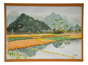 Evelyne Luez, Rice Plantation in an Asian Landscape, 20th Century, Watercolor