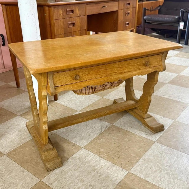 Vintage mid-century Danish Brutalist sewing table or side table attributed to Henning Kjærnulf, Denmark. Constructed of...