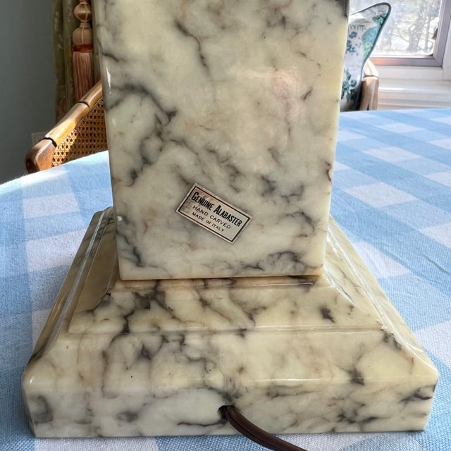 Metal Beautiful vintage carved marble and tole lamp // Tole tulip flowers // Made in Italy // midcentury marble accent lamp / alabaster table lamp For Sale - Image 7 of 9