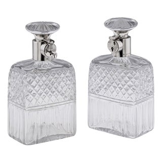 Antique English Locking Decanters in Silver and Cut Glass, 1925, Set of 2 For Sale